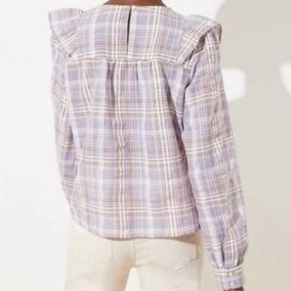 LOFT Frosted Lavender Plaid Ruffle Cropped Blouse S Small - Picture 7 of 11